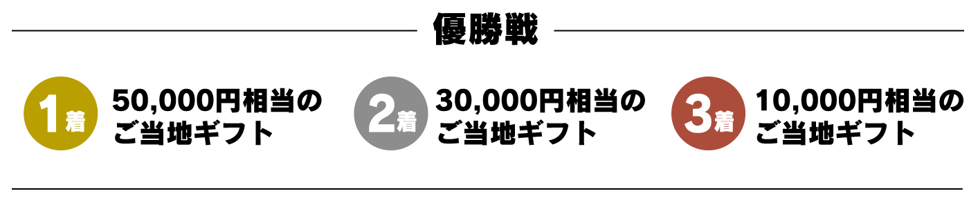 優勝戦　1着 5万円分ギフトカード　2着 3万円分ギフトカード 3着 1万円分ギフトカード