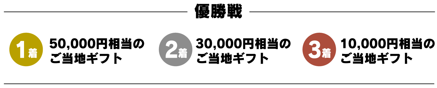 優勝戦　1着 5万円分ギフトカード　2着 3万円分ギフトカード 3着 1万円分ギフトカード